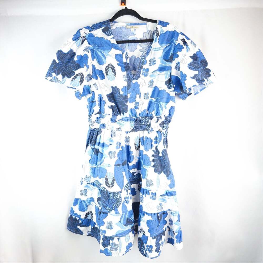 Kings Road Floral Smocked Dress Size XL Blue White Tiered V-Neck Mini